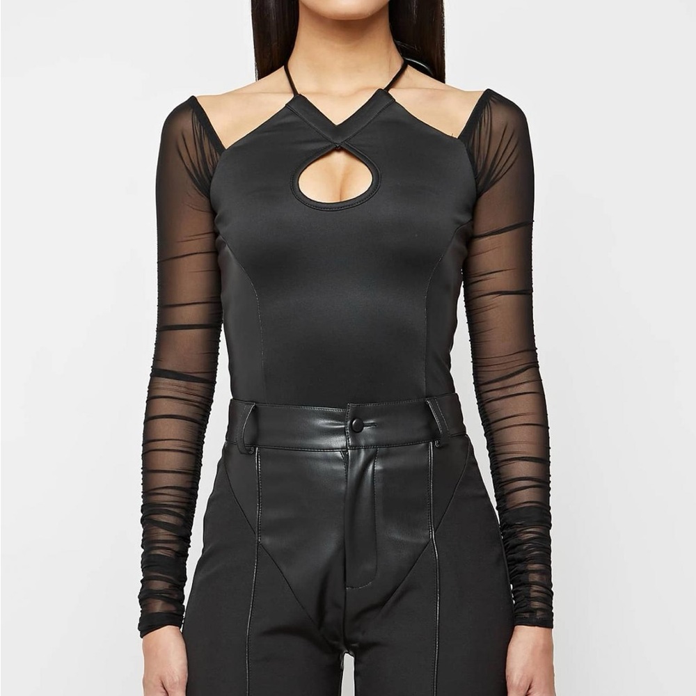 NWT Maniere De Voir Ruched Mesh Sleeve Bodysuit - Black Size US 6